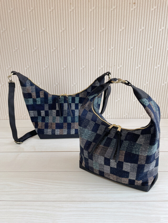 倉敷帆布　岡山デニム　2way　ショルダーバッグ　秋冬　チェック　軽量　自立　ホーボーバッグ　　ボディバッグ