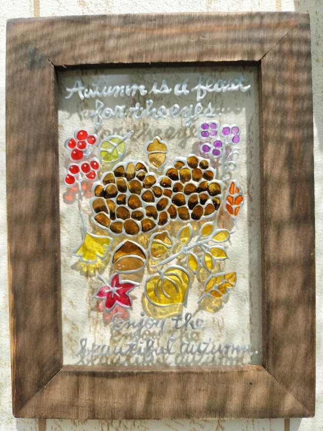 送料無料！ステンドグラス風･秋がくれた宝物･木の実･インテリア雑貨･イラスト･プレゼントにも