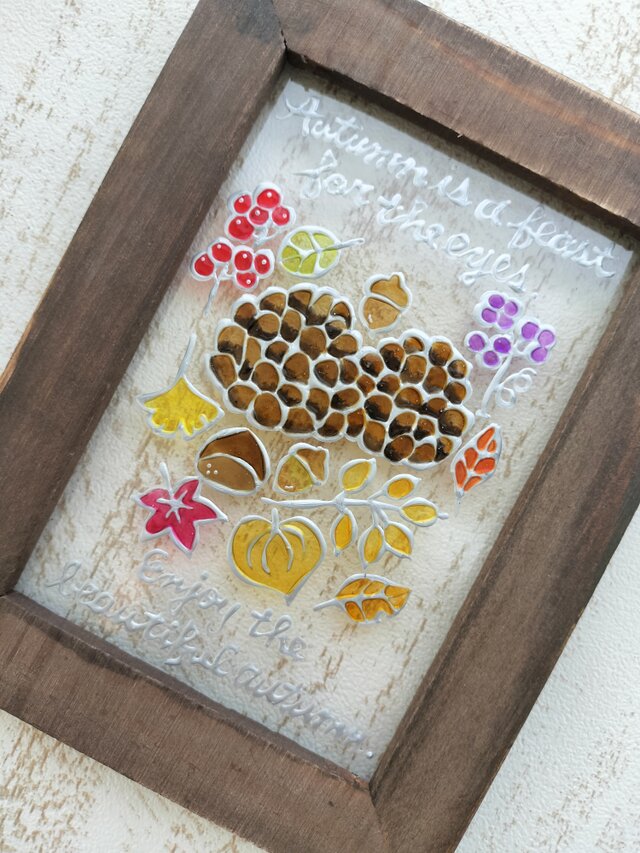 アメリカコガラ ヴィンテージ ステンドグラス 全米野生生物連盟 木の実 送料無料！ステンドグラス風・秋がくれた宝物・木の実・インテリア雑貨