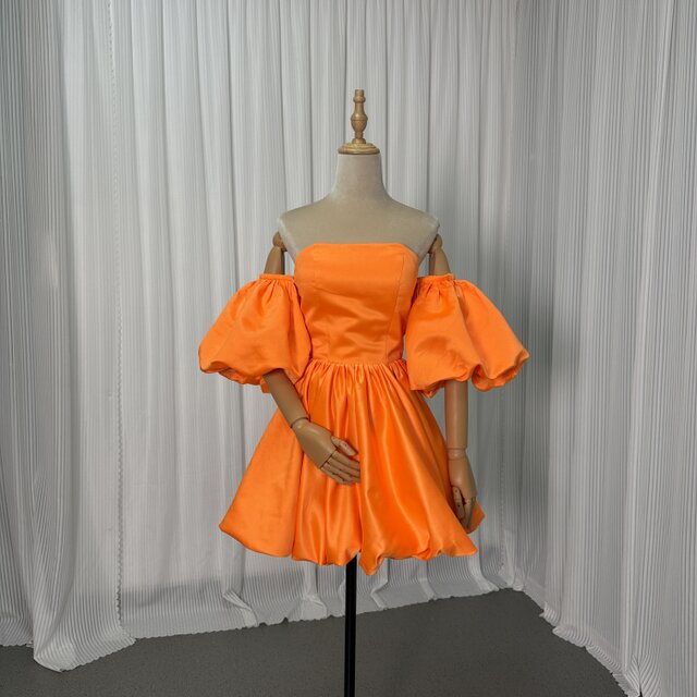 カラードレス オレンジ ベアトップ パフスリーブ ミニワンピース