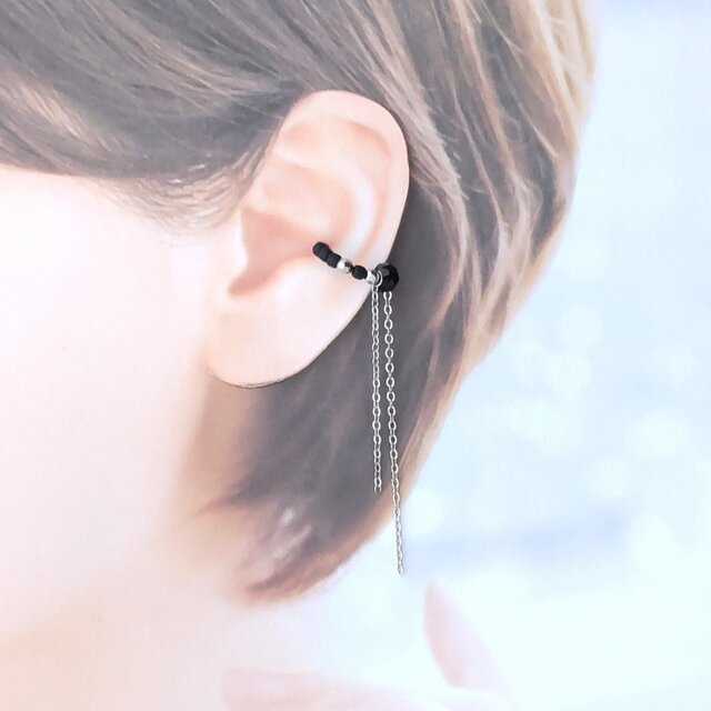 〈痛くない〉〈軽い〉〜2way〜ブラック×チェーンイヤーカフ・イヤリング・フェイクピアス・ノンホールピアス(片耳用)(調節可能)