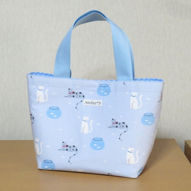 ミニトートバッグ★ネコと金魚鉢柄（ブルー）