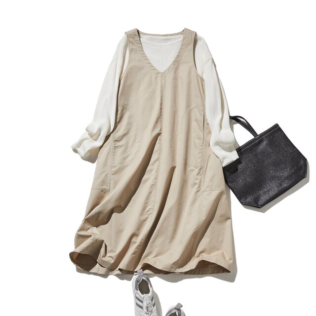 シンプルだから着まわしやすいジャパースカート　ワンピース　ベージュ　 250211-2