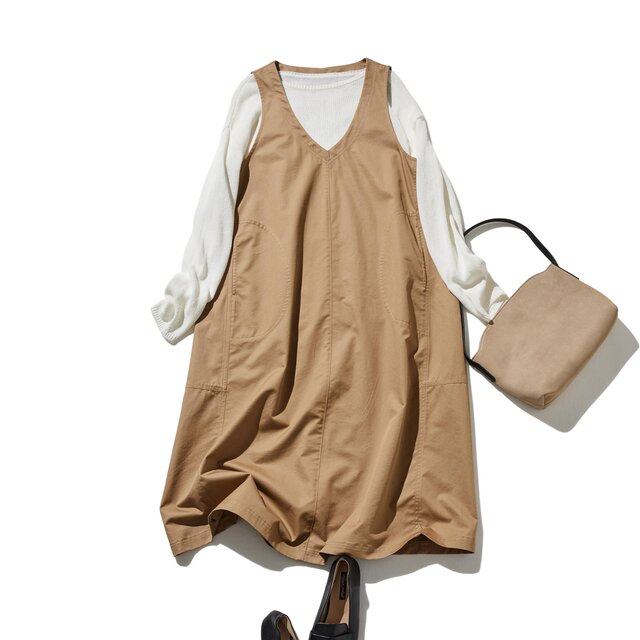 シンプルだから着まわしやすいジャパースカート　ワンピース　 キャメル　　250211-3