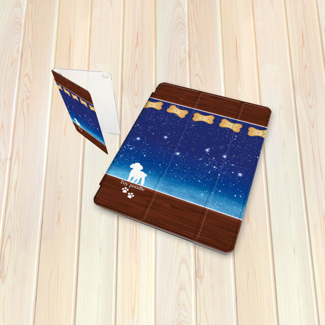 手帳型 iPadケース 【バックカバー：ハードタイプ】片面印刷/カメラ穴有【アイラブ・トイプードル（星空）】