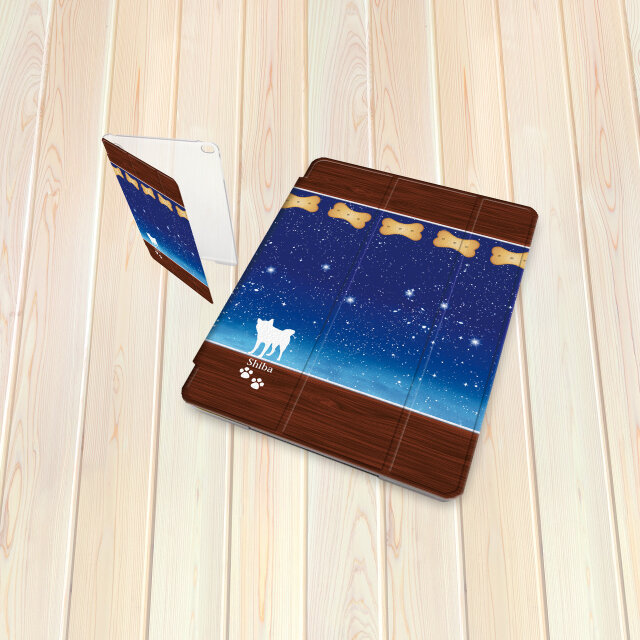手帳型 iPadケース 【バックカバー：ハードタイプ】片面印刷/カメラ穴有【アイラブ・柴犬（星空）】