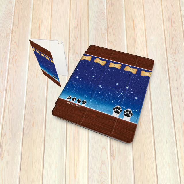 手帳型 iPadケース 【バックカバー：ハードタイプ】片面印刷/カメラ穴有【犬球（星空）】