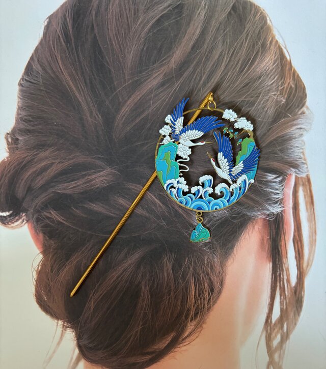 かんざし 青い鶴と波のフィグリー 一本簪 一本挿し 夏秋 大きめ