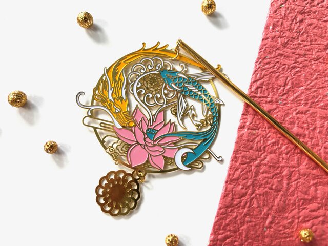 かんざし ピンクの蓮の花と竜と鯉のフィグリー 一本簪 一本挿し
