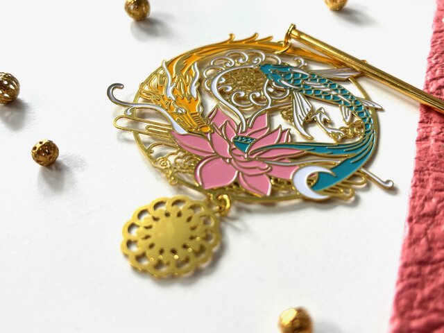 かんざし ピンクの蓮の花と竜と鯉のフィグリー 一本簪 一本挿し