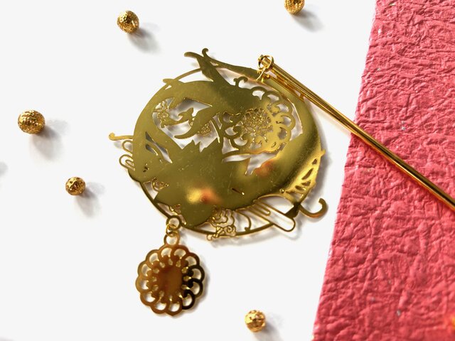 かんざし ピンクの蓮の花と竜と鯉のフィグリー 一本簪 一本挿し
