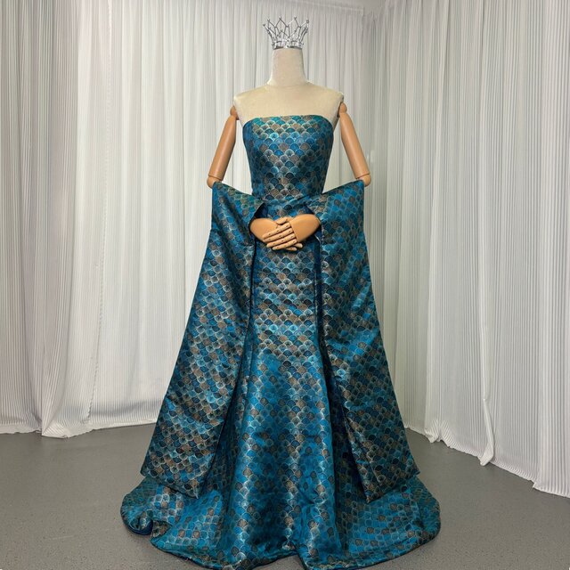 孔雀緑 振り袖 着物ドレス、和風ドレス ベアトップ マーメイドライン エレガント 花嫁 前撮り