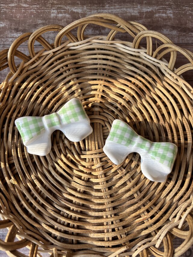 チェック　グリーン　リボン箸置き　2個