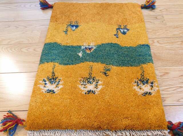 ペルシャ ギャッベ 玄関マット小 53x40cm 風景 ラクダ 夕陽 砂漠