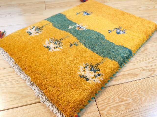 ペルシャ ギャッベ 玄関マット小 53x40cm 風景 ラクダ 夕陽 砂漠