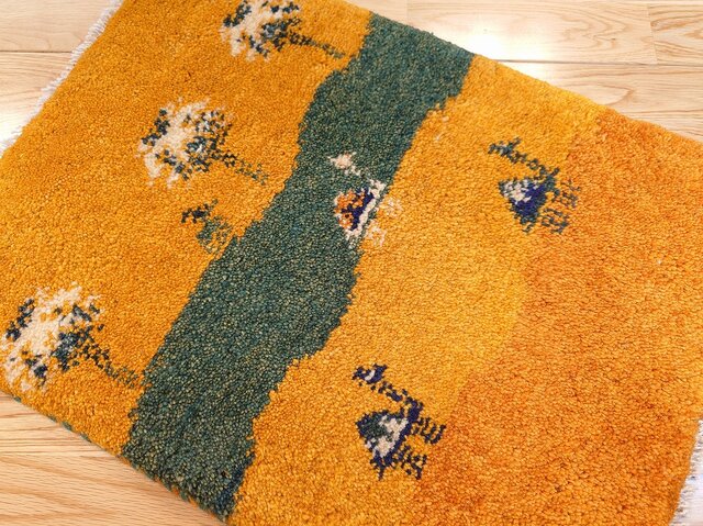 ペルシャ ギャッベ 玄関マット小 53x40cm 風景 ラクダ 夕陽 砂漠