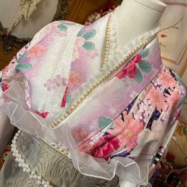 振袖 着物 セミロングワンピース ドレス 2部式ローズ/バラ作り帯