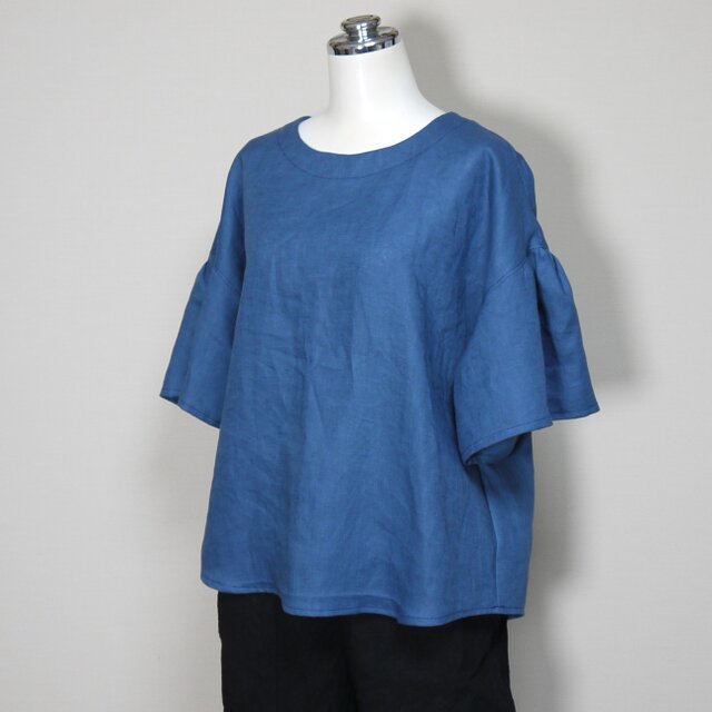 カラーリネン◆ギャザースリーブブラウス◆ブルー◆M・L・LL（中厚、リネン100％）