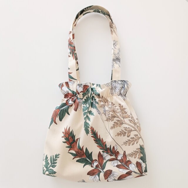 巾着風ショルダーバッグ THEVENON ハンドメイド 輸入生地 ボタニカル 植物柄