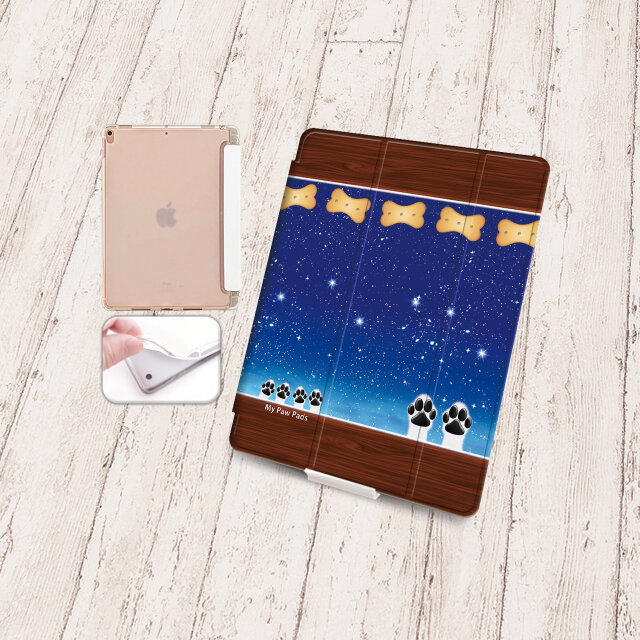 手帳型iPadケース【バックカバー：ソフトタイプ】片面印刷/カメラ穴有【犬球（星空）】