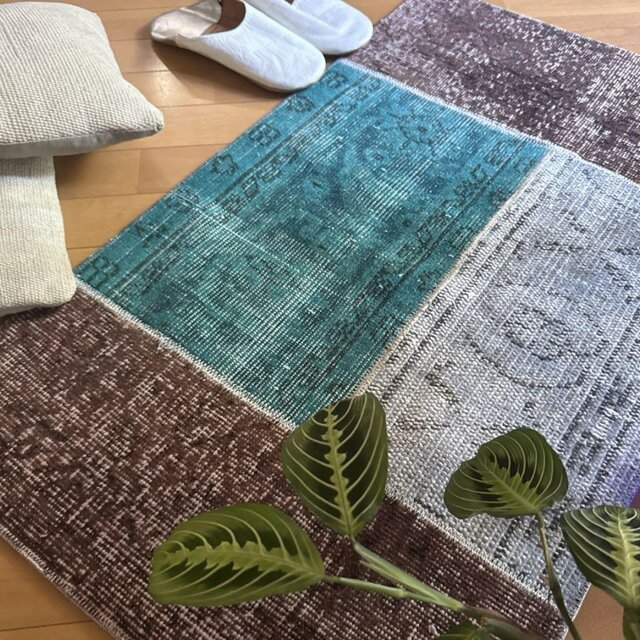 56×92 ブラウン×神秘的ブルー パッチワーク トルコヴィンテージラグ