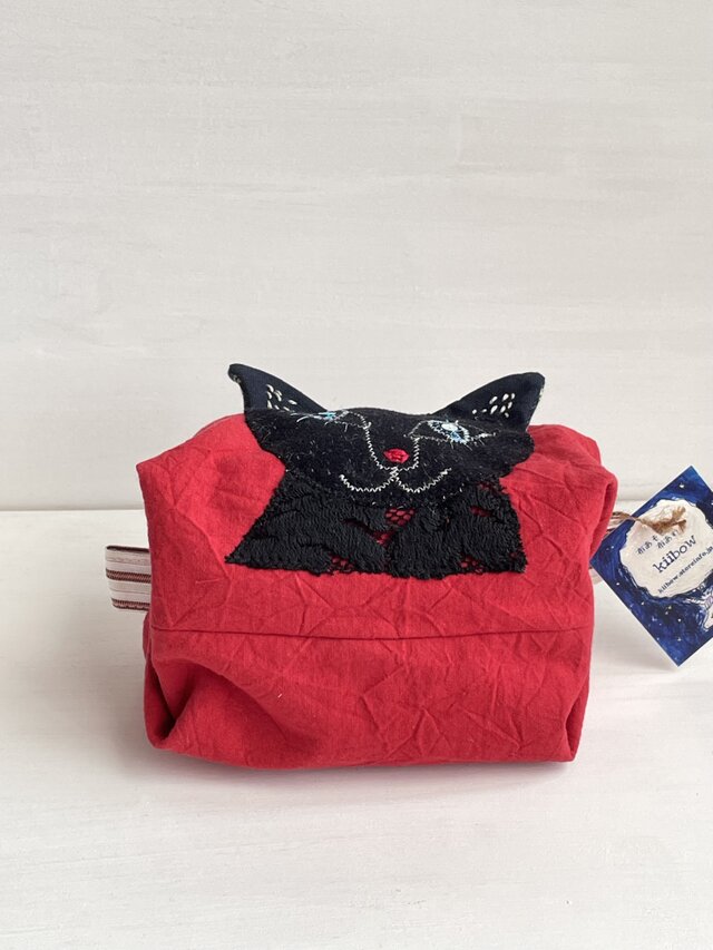 猫ちゃんポーチ エチノメガネ猫柄 赤 Qoo10] ノアファミリー 猫 ポーチ