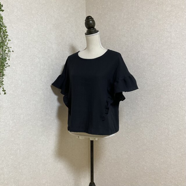 ふわふわコットンWガーゼ ラッフルフリルブラウス　ブラック