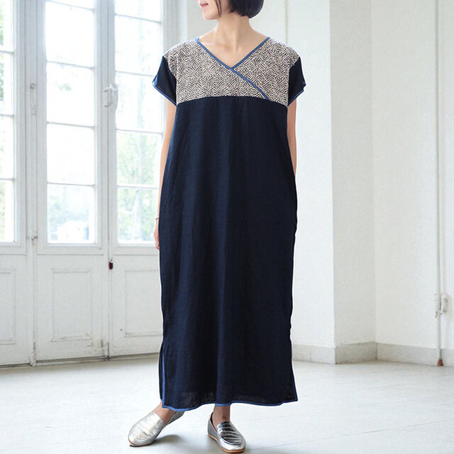 前後ヨーク刺し子のヘンプコットンワンピースのコピー