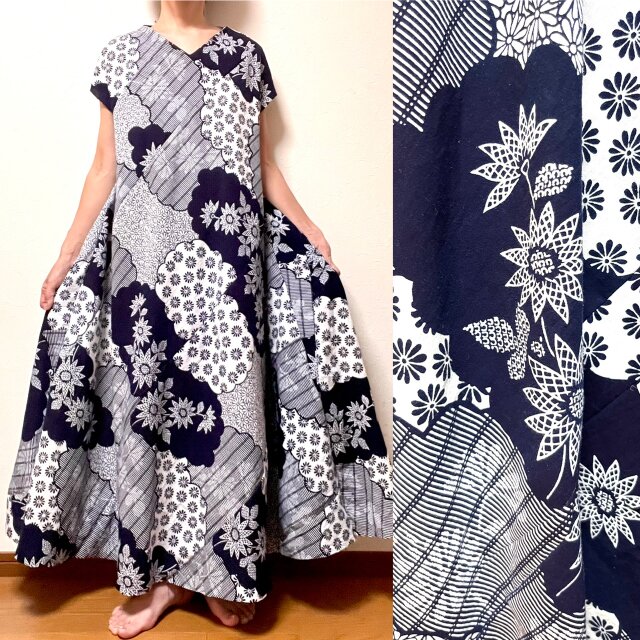 浴衣リメイク　フレンチスリーブワンピース 浴衣リメイクフレンチスリーブワンピース 浴衣リメイク フレンチ