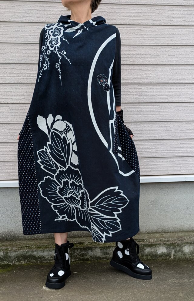 古布リメイク　書生絣　ワンピース　ジャンパースカート 古布リメイクジャンパースカート】作家一点物 藍染め 久留米絣