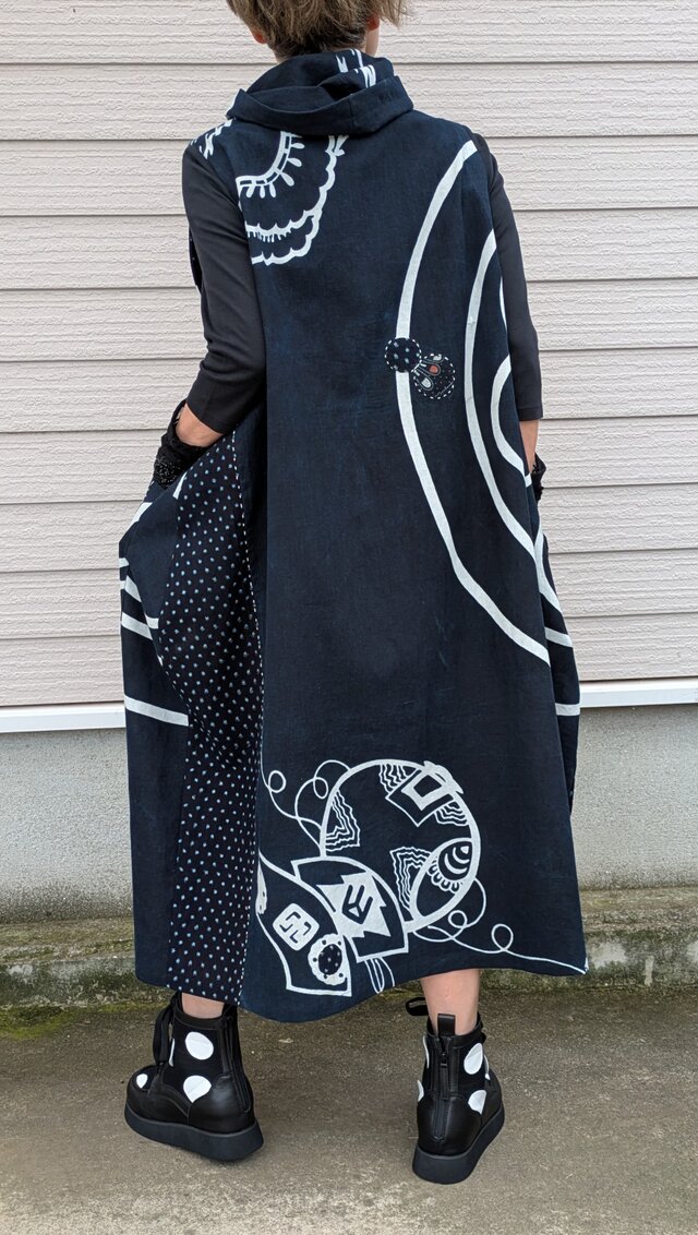 古布リメイク 家紋のミニフードジャンバースカートワンピース 久留米絣