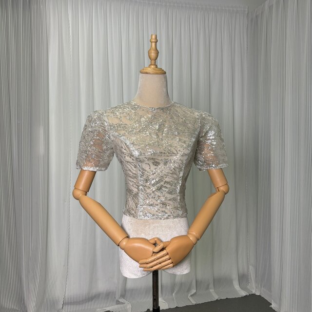 ボレロ トップス ラウンドネック 半袖 キラキラスパンコール くるみボタン ウェディングドレス 花嫁