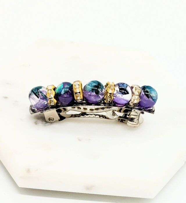 ブルー螺鈿パープルとロンデルのヘアバレッタ