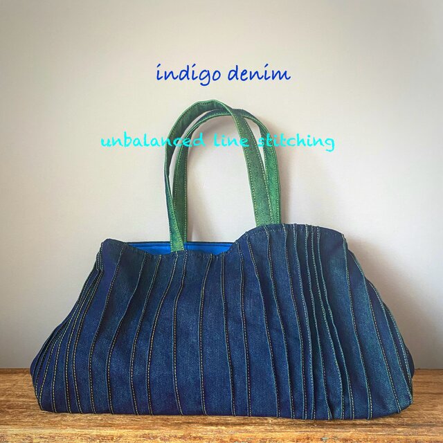 ※送料無料/インディゴデニムのボーダー縫い模様かばん
