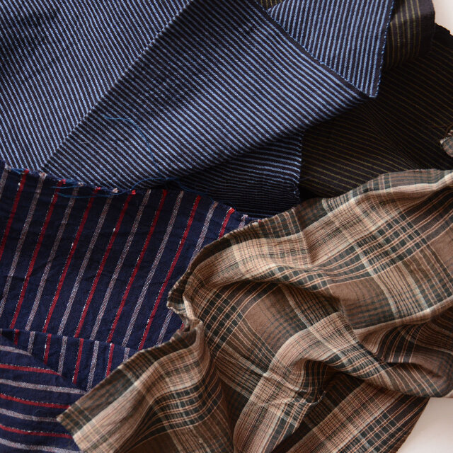 古布 はぎれセット 木綿 昭和中期 レトロ縞模様と格子柄 ジャパンヴィンテージ ハンドメイド・リメイク素材 4枚 B24