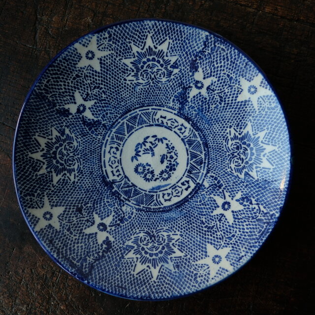 【サマー特価¥1000→¥750】星形の花◆瀬戸焼　花文印判中皿　器　骨董/antiques　暮らしに。明治時代　【アマテ】