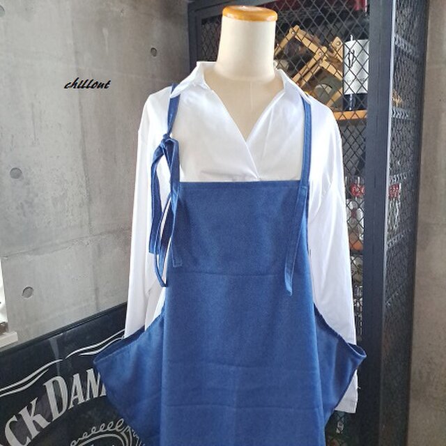 【背中がかわいい】エプロンドレス：デニム：ブルー【0914】