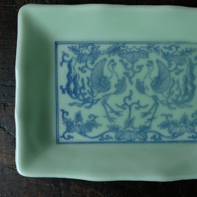 壺 平形 サマー特価￥2200→￥1100】青磁で素敵◇向かい合う鳳凰 瀬戸焼