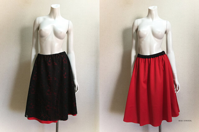 1点もの・デザイン画付き】リバーシブル2枚重ねフレアースカート（KOJI  