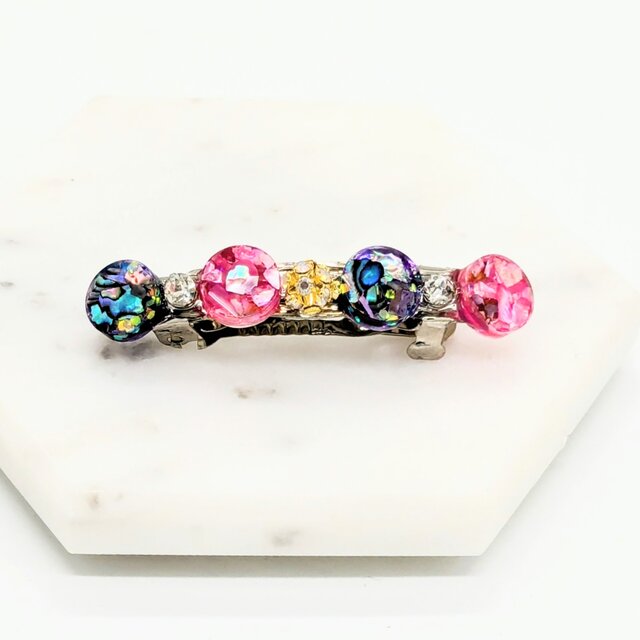 ピンクとブルー螺鈿とミラーボールのヘアバレッタ