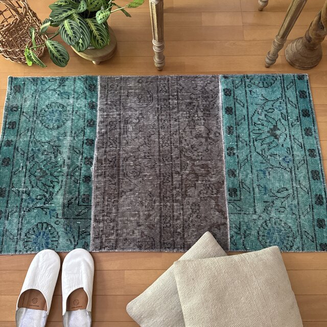 47.5×91 パッチワーク　グリーンブルーボタニカル　トルコヴィンテージラグ 47.5×91 パッチワーク グリーンブルーボタニカル トルコ