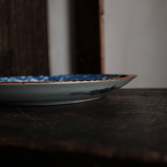 松竹梅の絵◇青で素敵。伊万里 花文印判イゲ大皿 骨董・antiques
