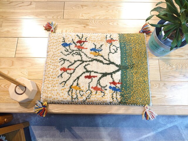 ペルシャ ギャッベ 玄関マット小 ラグ 58x42cm アイボリー 緑色