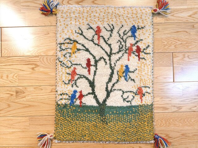 ペルシャ ギャッベ 玄関マット小 ラグ 58x42cm アイボリー 緑色