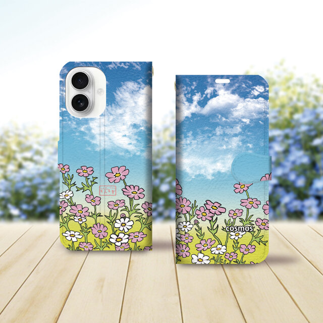 iPhone専用 手帳型スマホケース （カメラ穴あり/はめ込み式/スタンド機能付き）【手書き風コスモス】