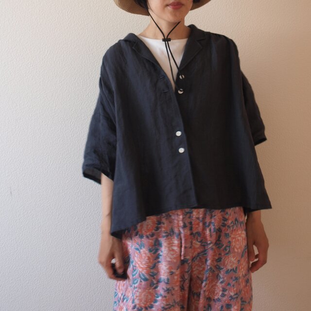 LINEN 五分袖 開襟シャツ *ネイビー* size FREE