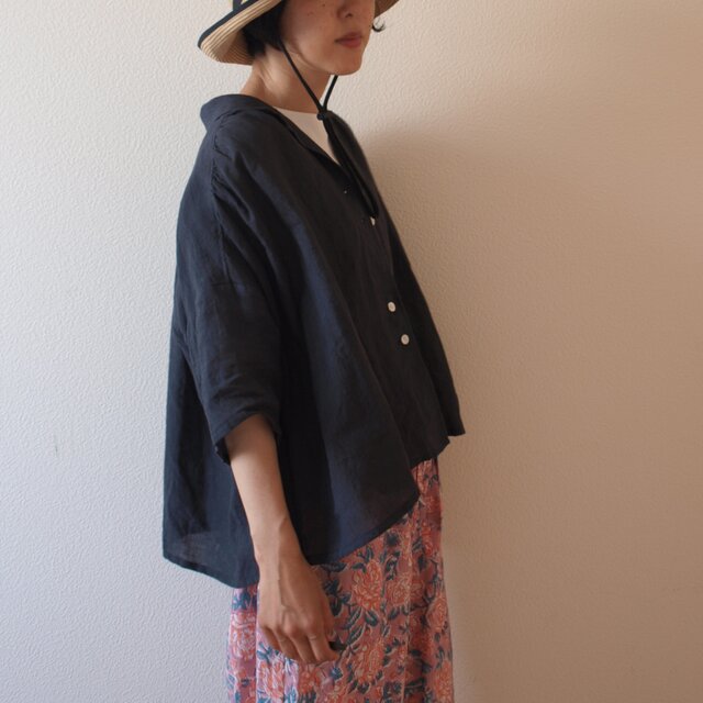 LINEN 五分袖 開襟シャツ *ネイビー* size FREE | iichi 日々の暮らし