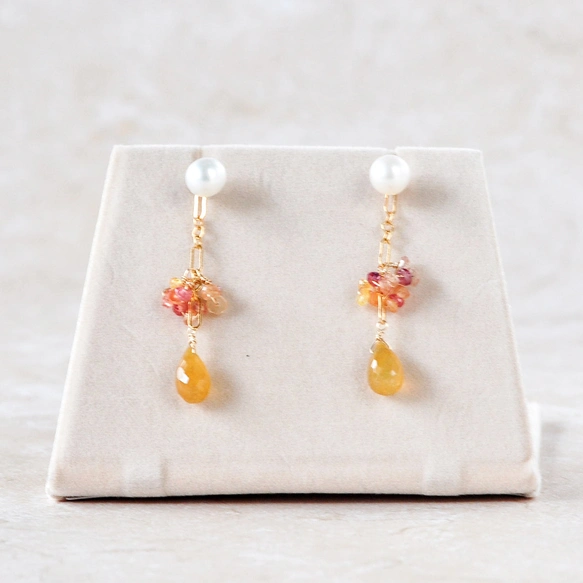 [陽だまりブーケ]　イエローサファイア × 淡水パールスタッド 2WAYピアス 14kgf