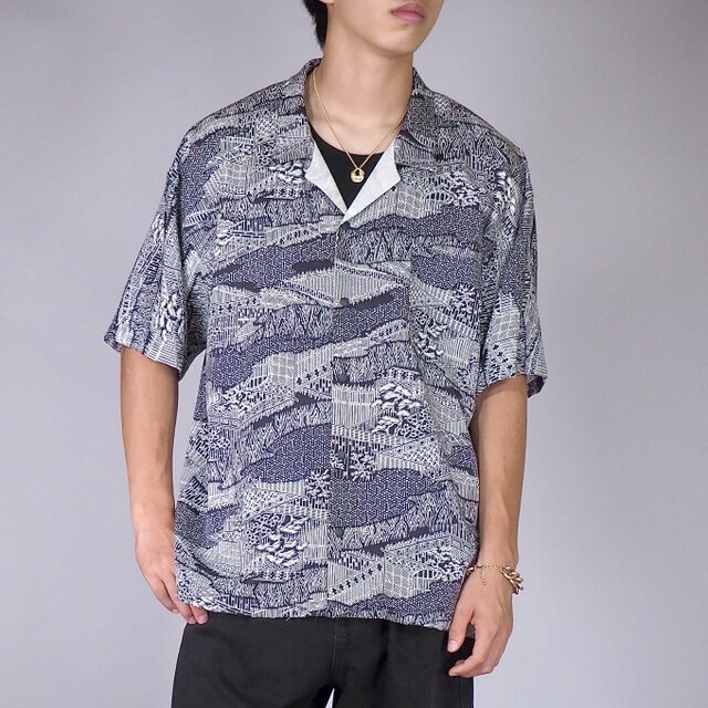 着物リメイク  スナップシャツ　メンズML  スナップボタン　正絹着物アップサイクル　オープンカラーシャツ リラックスフィットM