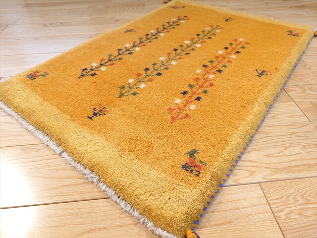 ペルシャ ギャッベ 玄関マット ラグ 88x60cm 黄金色 黄色 花